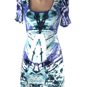 Стильна синя сукня з абстрактним принтом та відкритою спиною - елегантний вибір для модної жінки