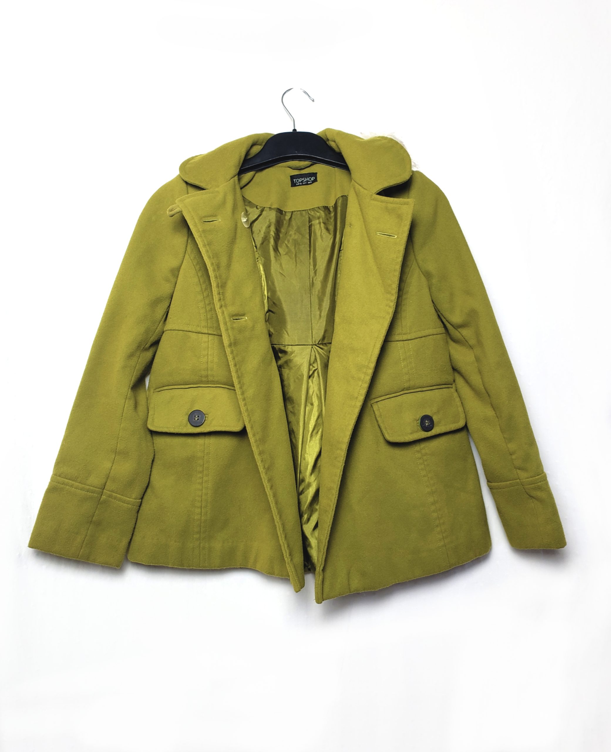 Жіноче пальто Topshop салатового кольору з хутряним коміром - вживаний одяг розмір 36 1 Жіноче пальто Topshop салатового кольору з хутряним коміром - вживаний одяг розмір 36